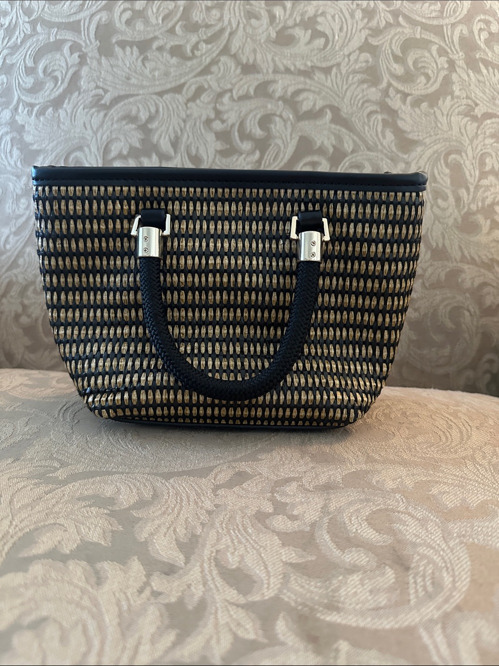 Zara Black and Natural Woven Tote Bag